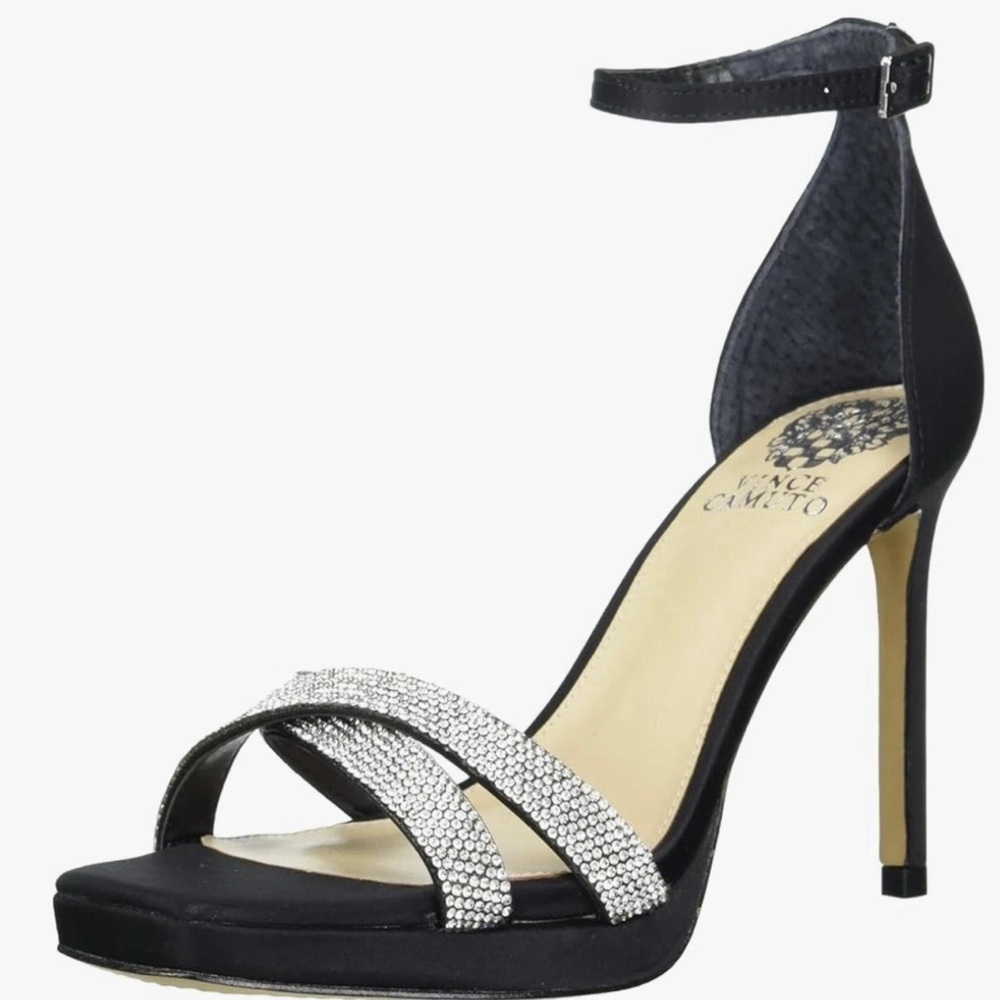 Vince Camuto 8M Black Heel with Silver Crystal Straps